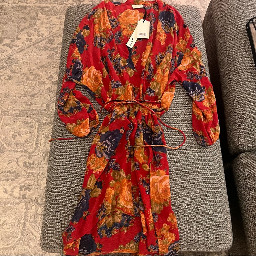 Vibrant Red and Orange Floral Robe with Tie Waist - sheer